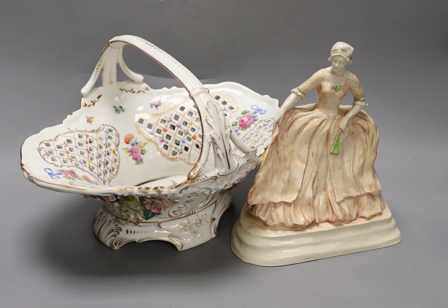 R. H. Belcher, pottery figure of a lady, 24cm and a Dresden porcelain floral encrusted basket 34cm